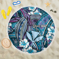 Personalised Hawaii Tribal Humpback Whale Beach Blanket Polu Hibiscus Seamless Pattern LT9 One Size 150cm Blue - Polynesian Pride