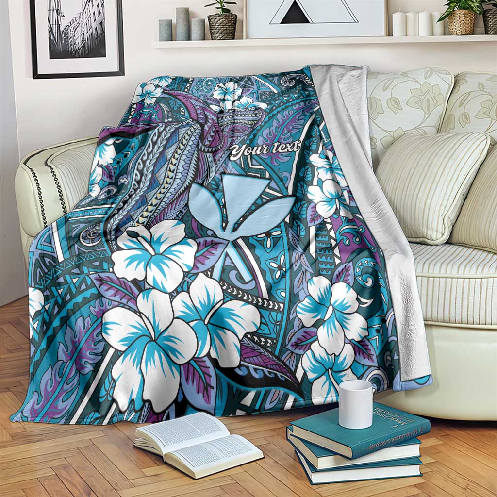 Personalised Hawaii Tribal Humpback Whale Blanket Polu Hibiscus Seamless Pattern LT9 Blue - Polynesian Pride