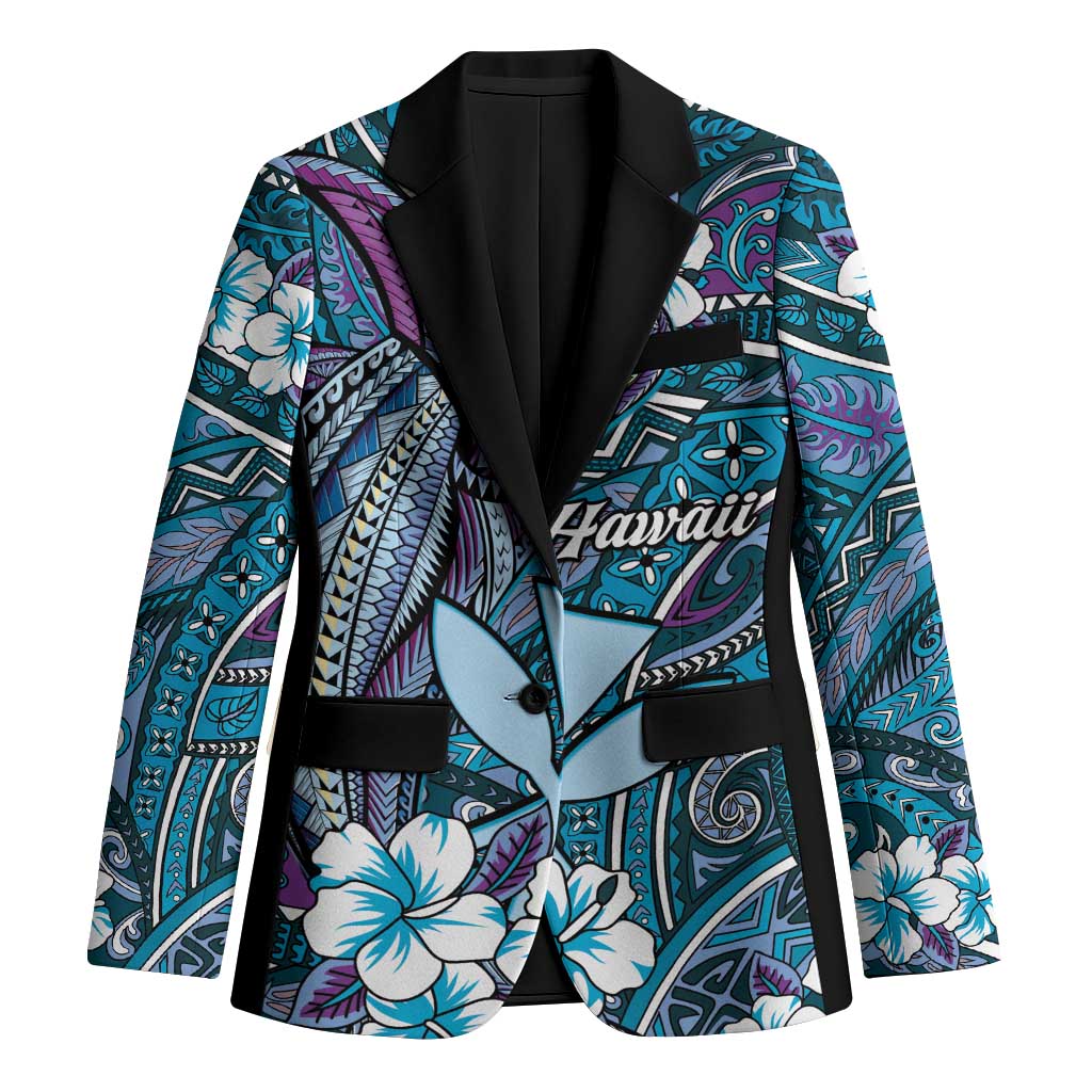 Personalised Hawaii Tribal Humpback Whale Blazer Polu Hibiscus Seamless Pattern LT9 Unisex Blue - Polynesian Pride