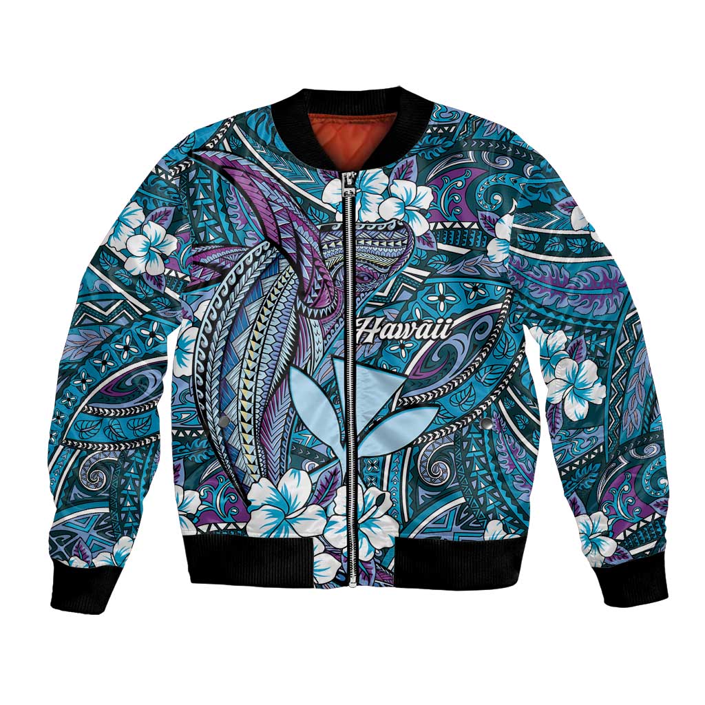 Personalised Hawaii Tribal Humpback Whale Bomber Jacket Polu Hibiscus Seamless Pattern LT9 Unisex Blue - Polynesian Pride