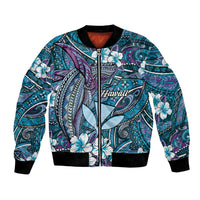 Personalised Hawaii Tribal Humpback Whale Bomber Jacket Polu Hibiscus Seamless Pattern LT9 Unisex Blue - Polynesian Pride