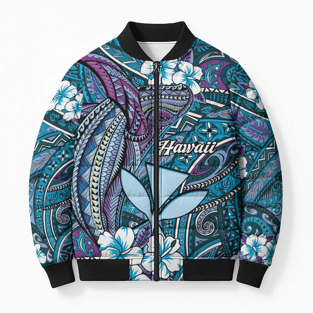 Personalised Hawaii Tribal Humpback Whale Bomber Puffer Jacket Polu Hibiscus Seamless Pattern LT9 Unisex Blue - Polynesian Pride