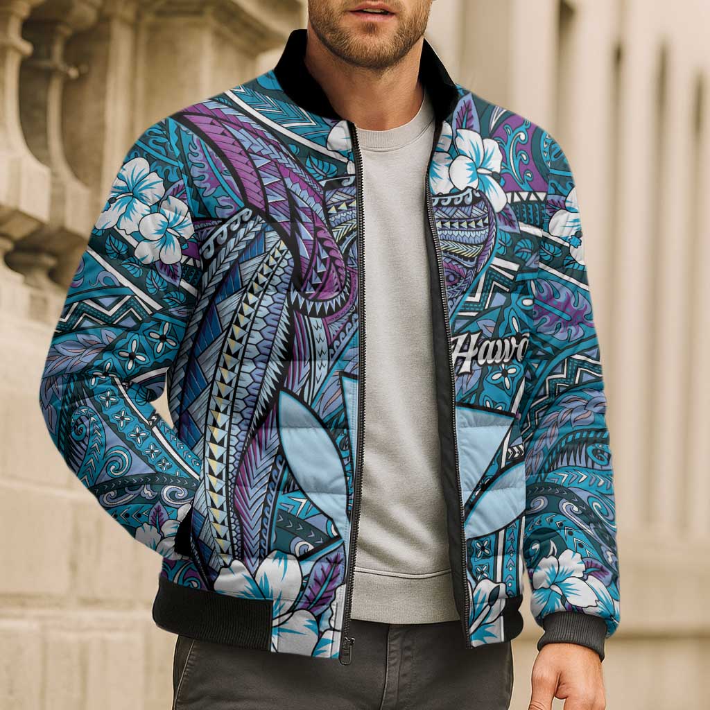 Personalised Hawaii Tribal Humpback Whale Bomber Puffer Jacket Polu Hibiscus Seamless Pattern LT9 - Polynesian Pride