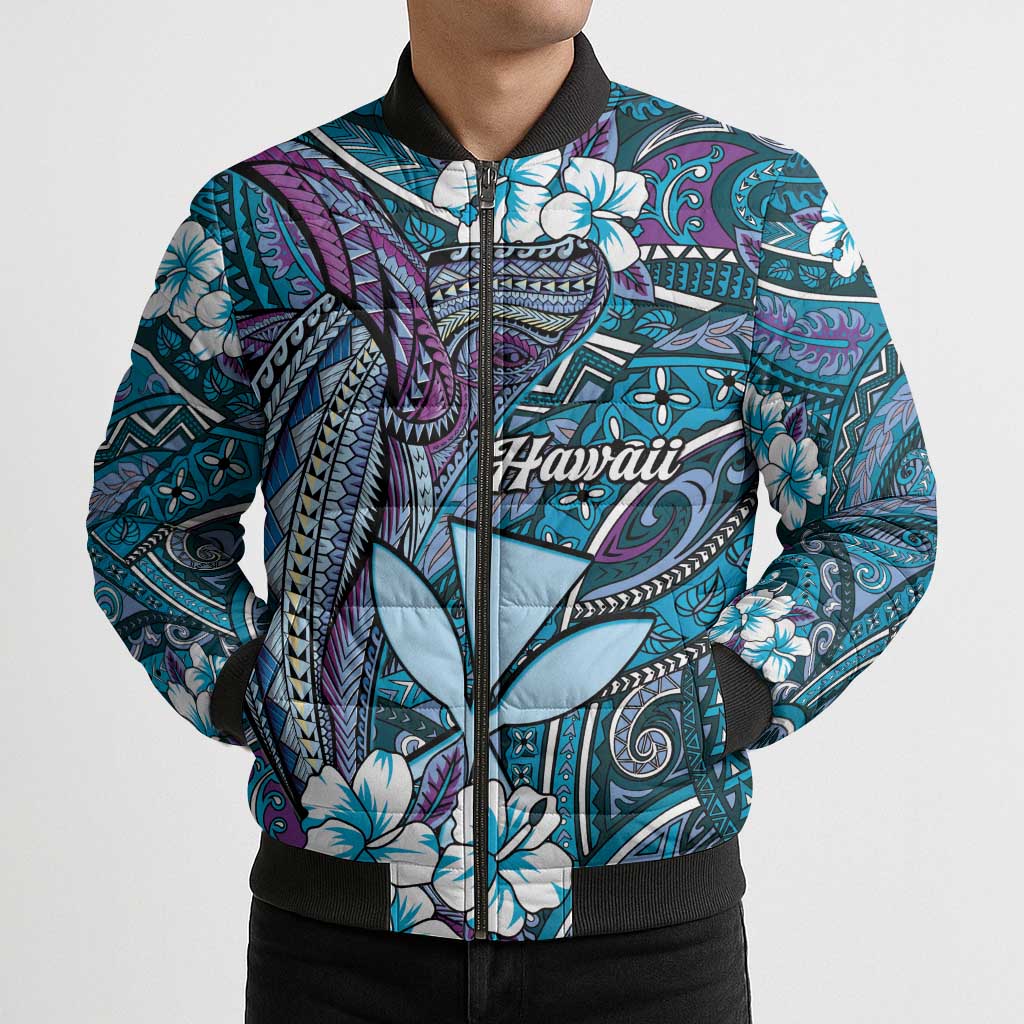 Personalised Hawaii Tribal Humpback Whale Bomber Puffer Jacket Polu Hibiscus Seamless Pattern LT9 - Polynesian Pride
