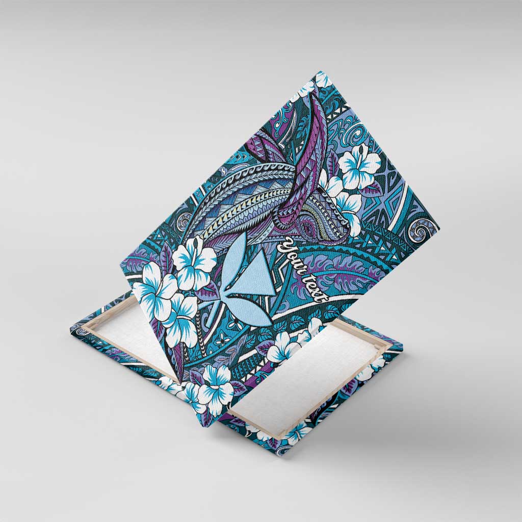 Personalised Hawaii Tribal Humpback Whale Canvas Wall Art Polu Hibiscus Seamless Pattern LT9 With Frame Blue - Polynesian Pride