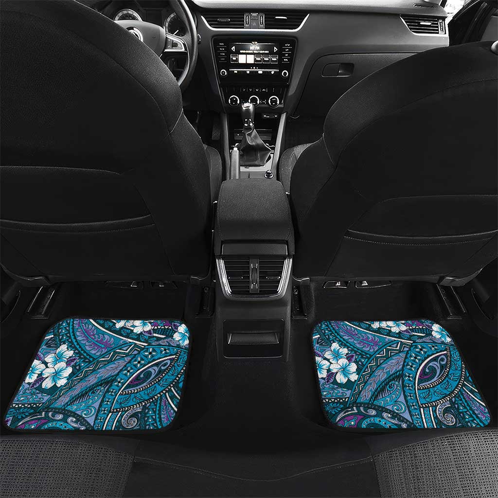 Personalised Hawaii Tribal Humpback Whale Car Mats Polu Hibiscus Seamless Pattern LT9 Set 2pcs - Back Blue - Polynesian Pride