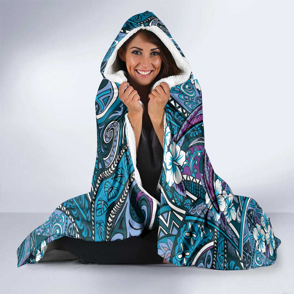 Personalised Hawaii Tribal Humpback Whale Hooded Blanket Polu Hibiscus Seamless Pattern LT9 - Polynesian Pride