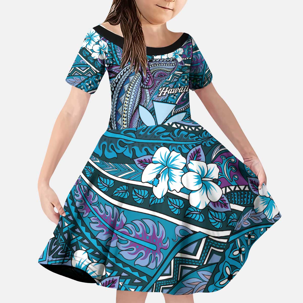 Personalised Hawaii Tribal Humpback Whale Kid Short Sleeve Dress Polu Hibiscus Seamless Pattern LT9 KID Blue - Polynesian Pride