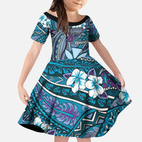 Personalised Hawaii Tribal Humpback Whale Kid Short Sleeve Dress Polu Hibiscus Seamless Pattern LT9 KID Blue - Polynesian Pride