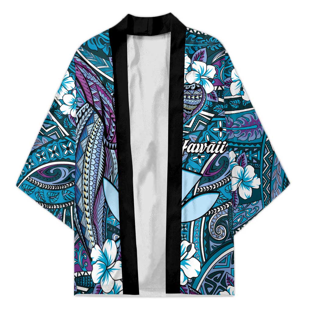 Personalised Hawaii Tribal Humpback Whale Kimono Polu Hibiscus Seamless Pattern LT9 Unisex Blue - Polynesian Pride