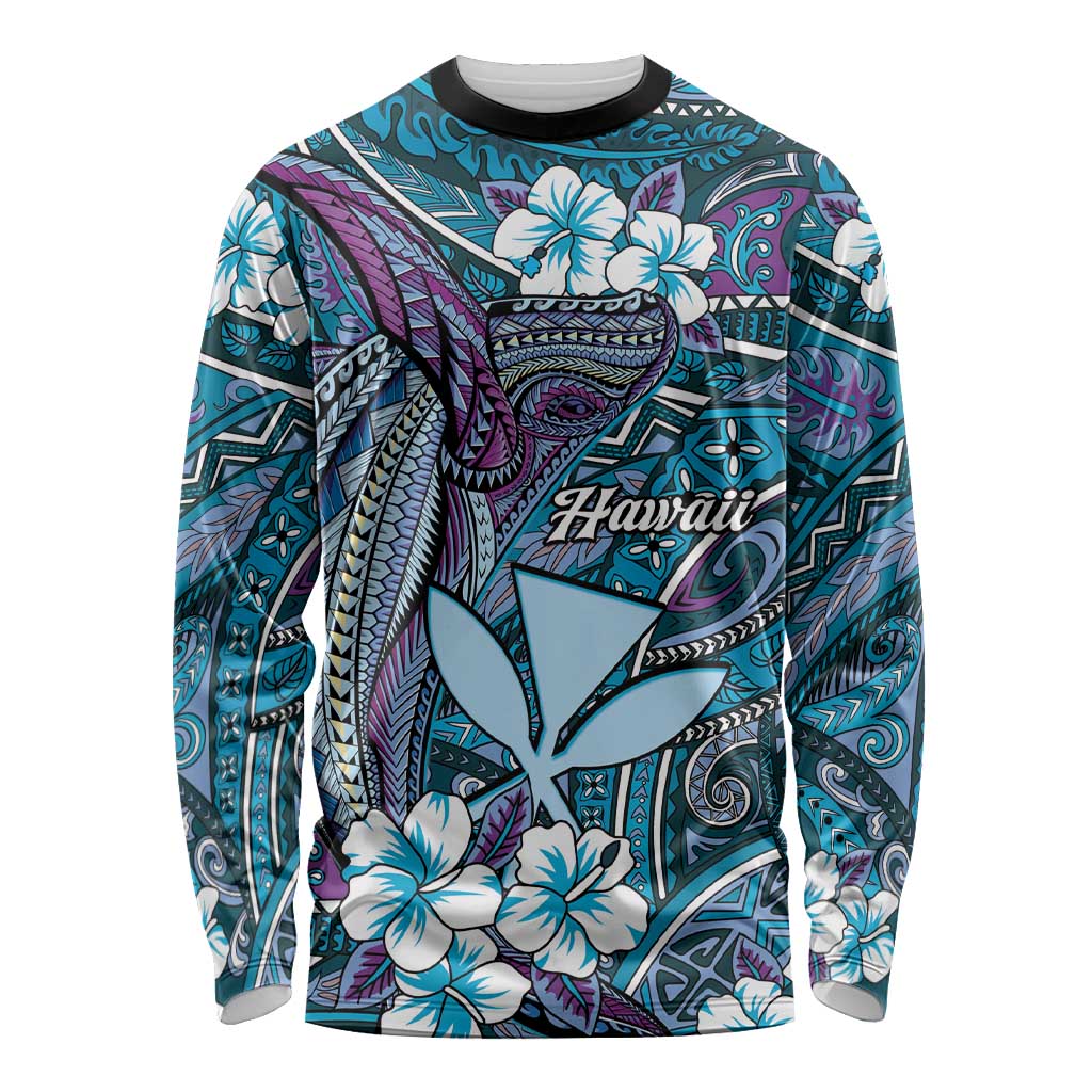 Personalised Hawaii Tribal Humpback Whale Long Sleeve Shirt Polu Hibiscus Seamless Pattern LT9 Unisex Blue - Polynesian Pride