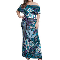 Personalised Hawaii Tribal Humpback Whale Off Shoulder Maxi Dress Polu Hibiscus Seamless Pattern LT9 Women Blue - Polynesian Pride