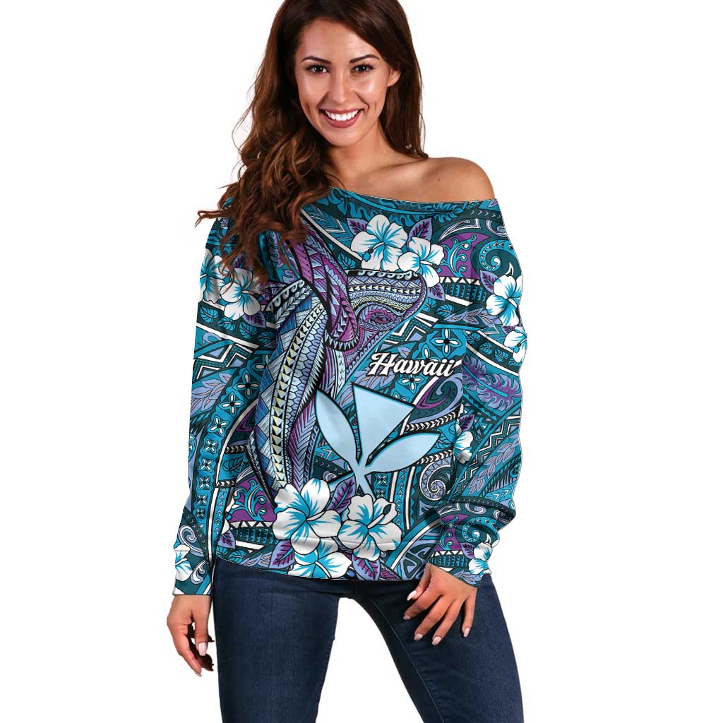 Personalised Hawaii Tribal Humpback Whale Off Shoulder Sweater Polu Hibiscus Seamless Pattern LT9 Women Blue - Polynesian Pride