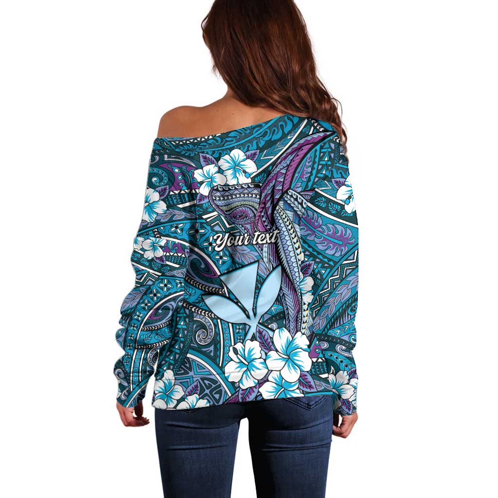 Personalised Hawaii Tribal Humpback Whale Off Shoulder Sweater Polu Hibiscus Seamless Pattern LT9 - Polynesian Pride