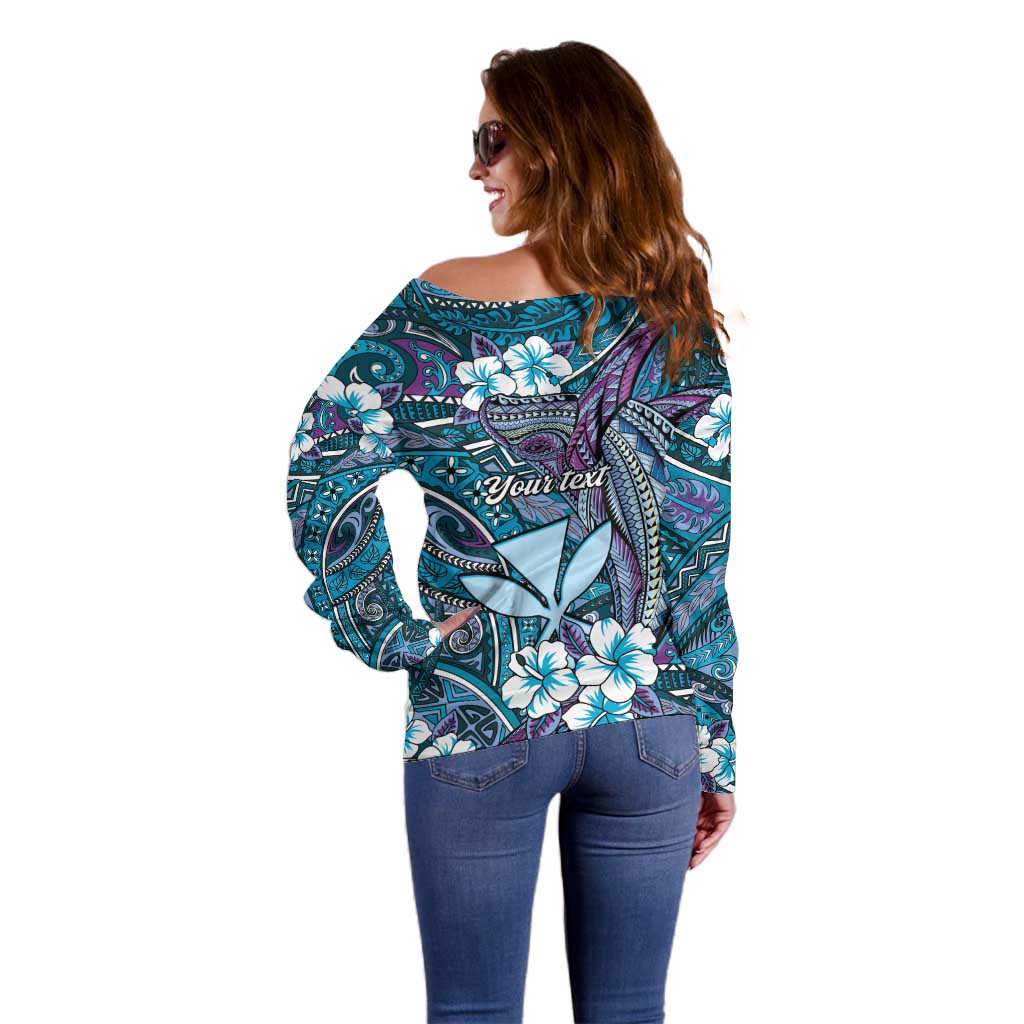 Personalised Hawaii Tribal Humpback Whale Off Shoulder Sweater Polu Hibiscus Seamless Pattern LT9 - Polynesian Pride