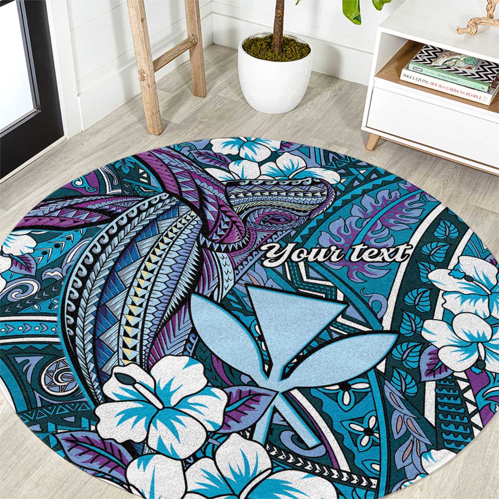 Personalised Hawaii Tribal Humpback Whale Round Carpet Polu Hibiscus Seamless Pattern LT9 Blue - Polynesian Pride
