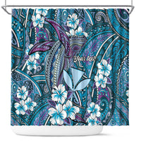Personalised Hawaii Tribal Humpback Whale Shower Curtain Polu Hibiscus Seamless Pattern LT9 Blue - Polynesian Pride