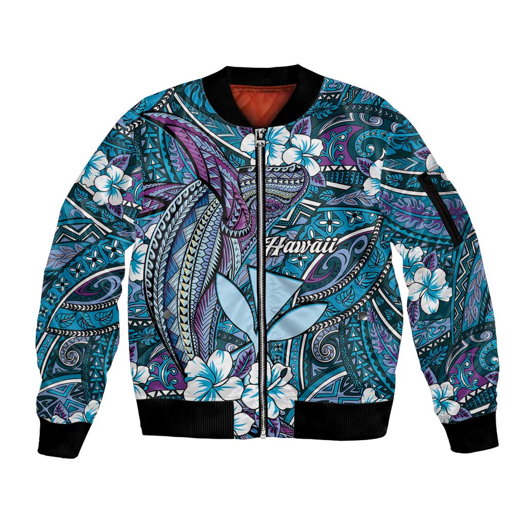 Personalised Hawaii Tribal Humpback Whale Sleeve Zip Bomber Jacket Polu Hibiscus Seamless Pattern LT9 Unisex Blue - Polynesian Pride