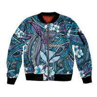 Personalised Hawaii Tribal Humpback Whale Sleeve Zip Bomber Jacket Polu Hibiscus Seamless Pattern LT9 Unisex Blue - Polynesian Pride