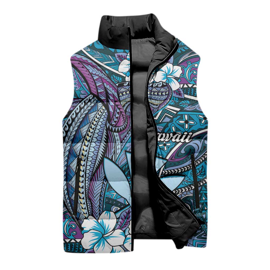 Personalised Hawaii Tribal Humpback Whale Sleeveless Puffer Jacket Polu Hibiscus Seamless Pattern LT9 - Polynesian Pride
