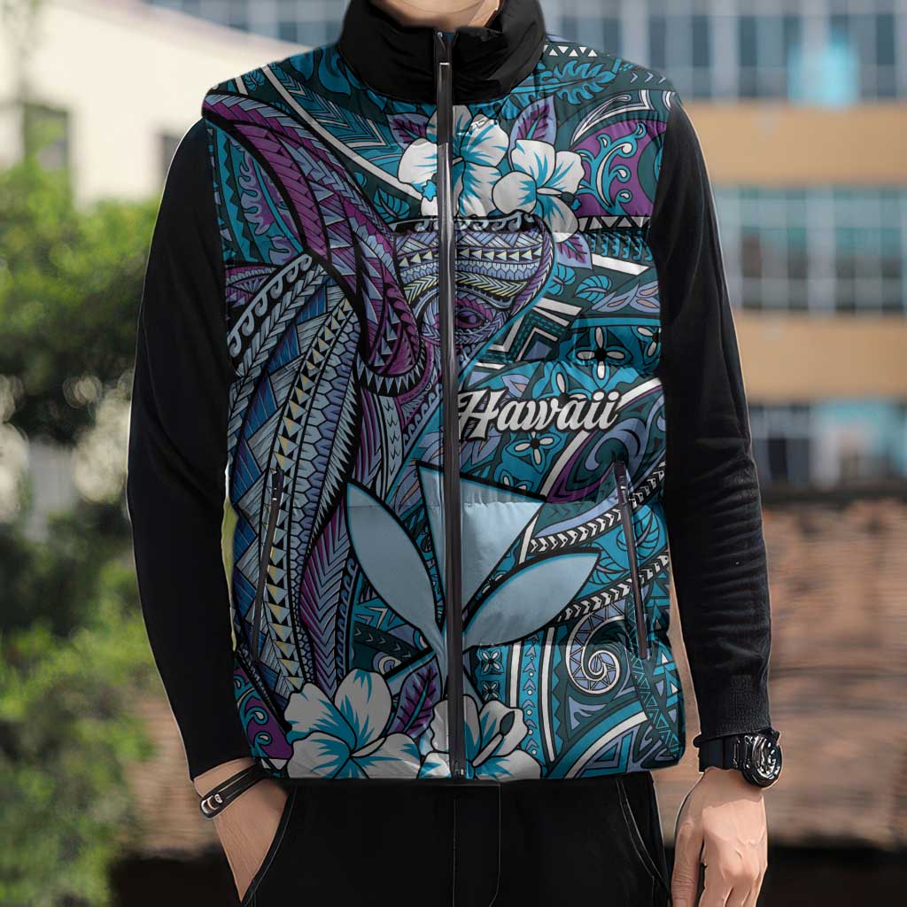 Personalised Hawaii Tribal Humpback Whale Sleeveless Puffer Jacket Polu Hibiscus Seamless Pattern LT9 - Polynesian Pride
