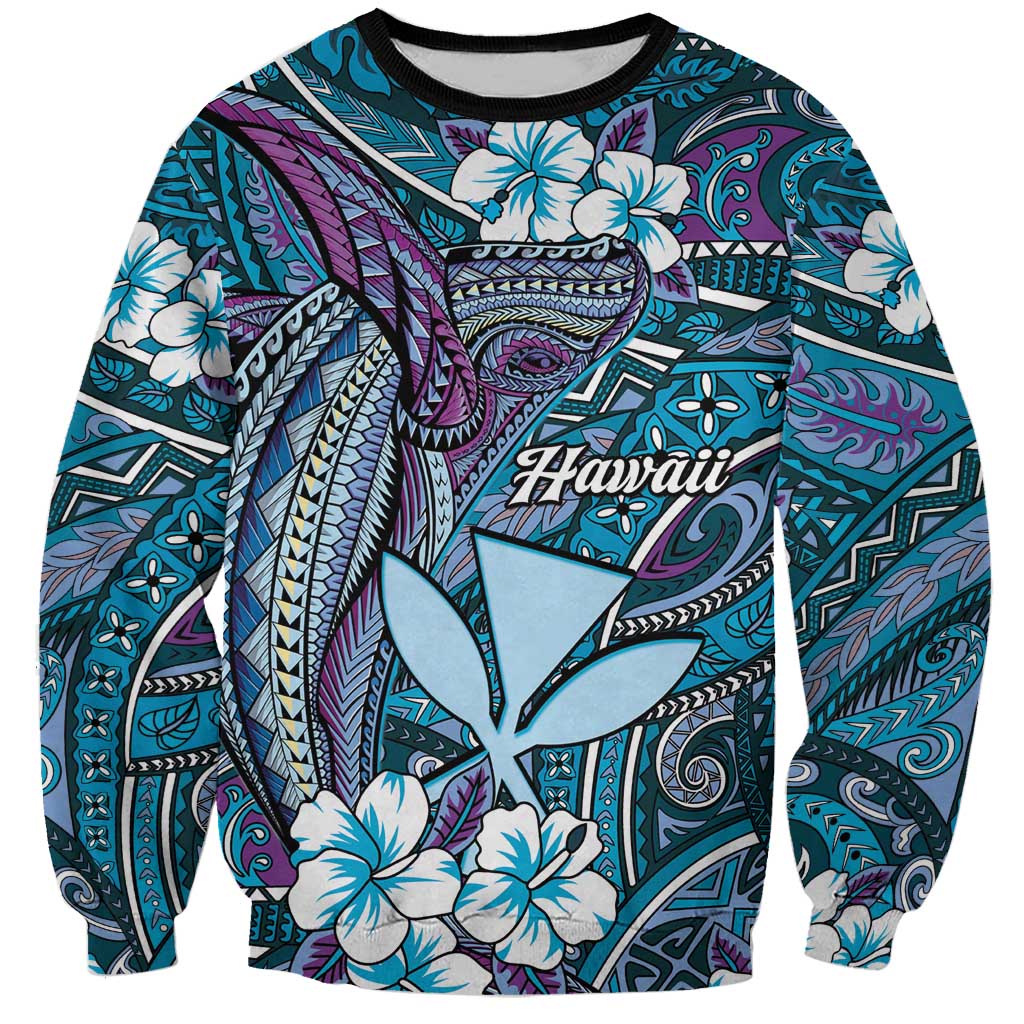 Personalised Hawaii Tribal Humpback Whale Sweatshirt Polu Hibiscus Seamless Pattern LT9 Unisex Blue - Polynesian Pride
