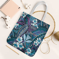 Personalised Hawaii Tribal Humpback Whale Tote Bag Polu Hibiscus Seamless Pattern LT9 White Strap One Size Blue - Polynesian Pride