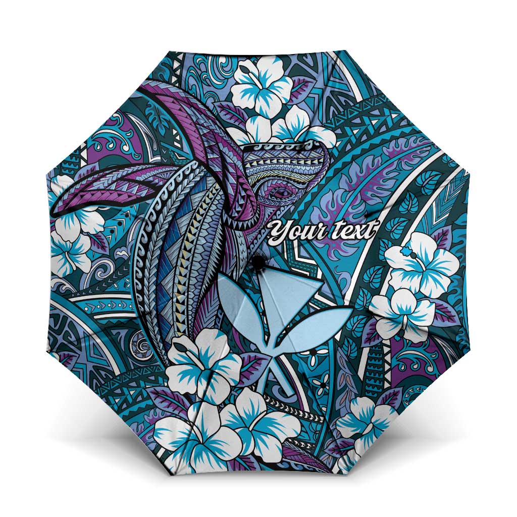 Personalised Hawaii Tribal Humpback Whale Umbrella Polu Hibiscus Seamless Pattern LT9 One Size Folded 11.42 inch Opened Diameter 37.4 inch Blue - Polynesian Pride