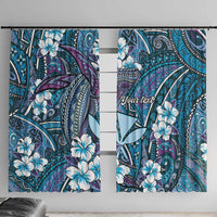 Personalised Hawaii Tribal Humpback Whale Window Curtain Polu Hibiscus Seamless Pattern LT9 With Hooks Blue - Polynesian Pride
