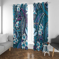 Personalised Hawaii Tribal Humpback Whale Window Curtain Polu Hibiscus Seamless Pattern LT9 With Grommets Blue - Polynesian Pride