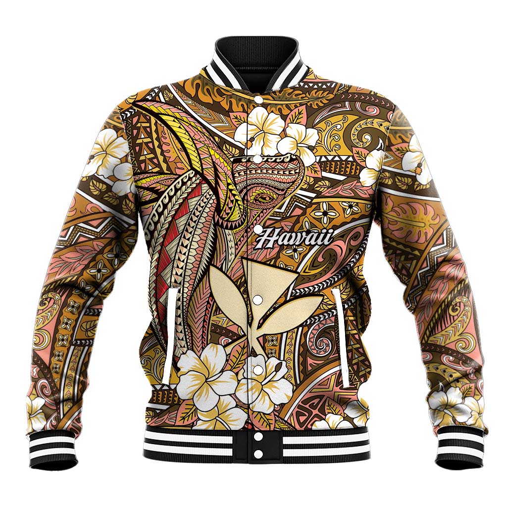 Personalised Hawaii Tribal Humpback Whale Baseball Jacket Melemele Hibiscus Seamless Pattern LT9 Unisex Gold - Polynesian Pride