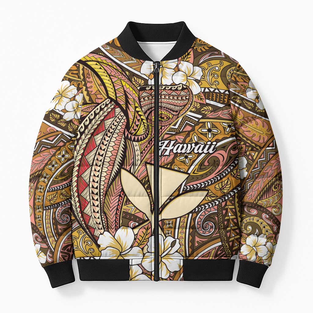 Personalised Hawaii Tribal Humpback Whale Bomber Puffer Jacket Melemele Hibiscus Seamless Pattern LT9 Unisex Gold - Polynesian Pride