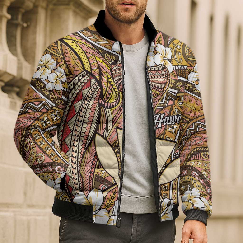 Personalised Hawaii Tribal Humpback Whale Bomber Puffer Jacket Melemele Hibiscus Seamless Pattern LT9 - Polynesian Pride