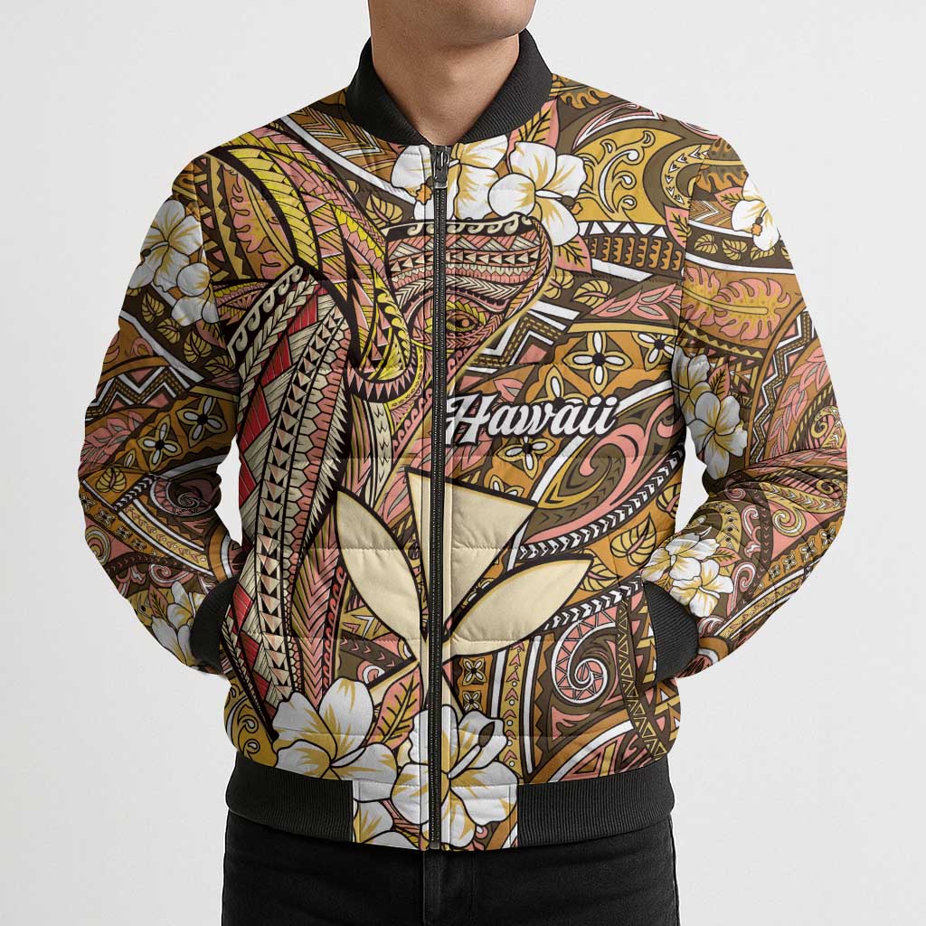 Personalised Hawaii Tribal Humpback Whale Bomber Puffer Jacket Melemele Hibiscus Seamless Pattern LT9 - Polynesian Pride
