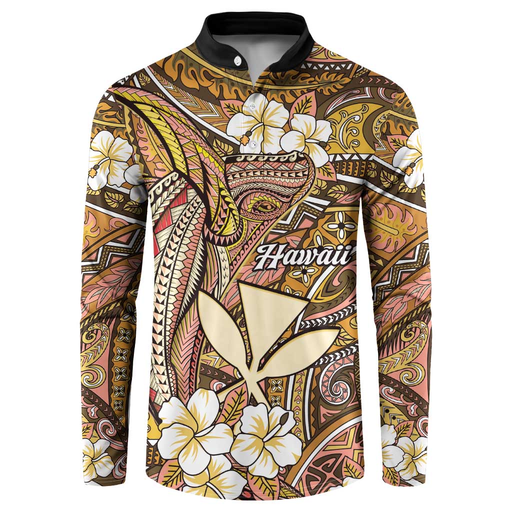 Personalised Hawaii Tribal Humpback Whale Button Sweatshirt Melemele Hibiscus Seamless Pattern LT9 Gold - Polynesian Pride
