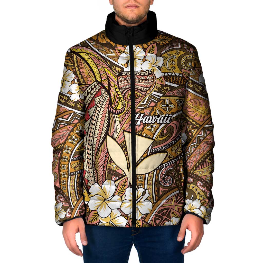 Personalised Hawaii Tribal Humpback Whale Padded Jacket Melemele Hibiscus Seamless Pattern LT9 Men Gold - Polynesian Pride