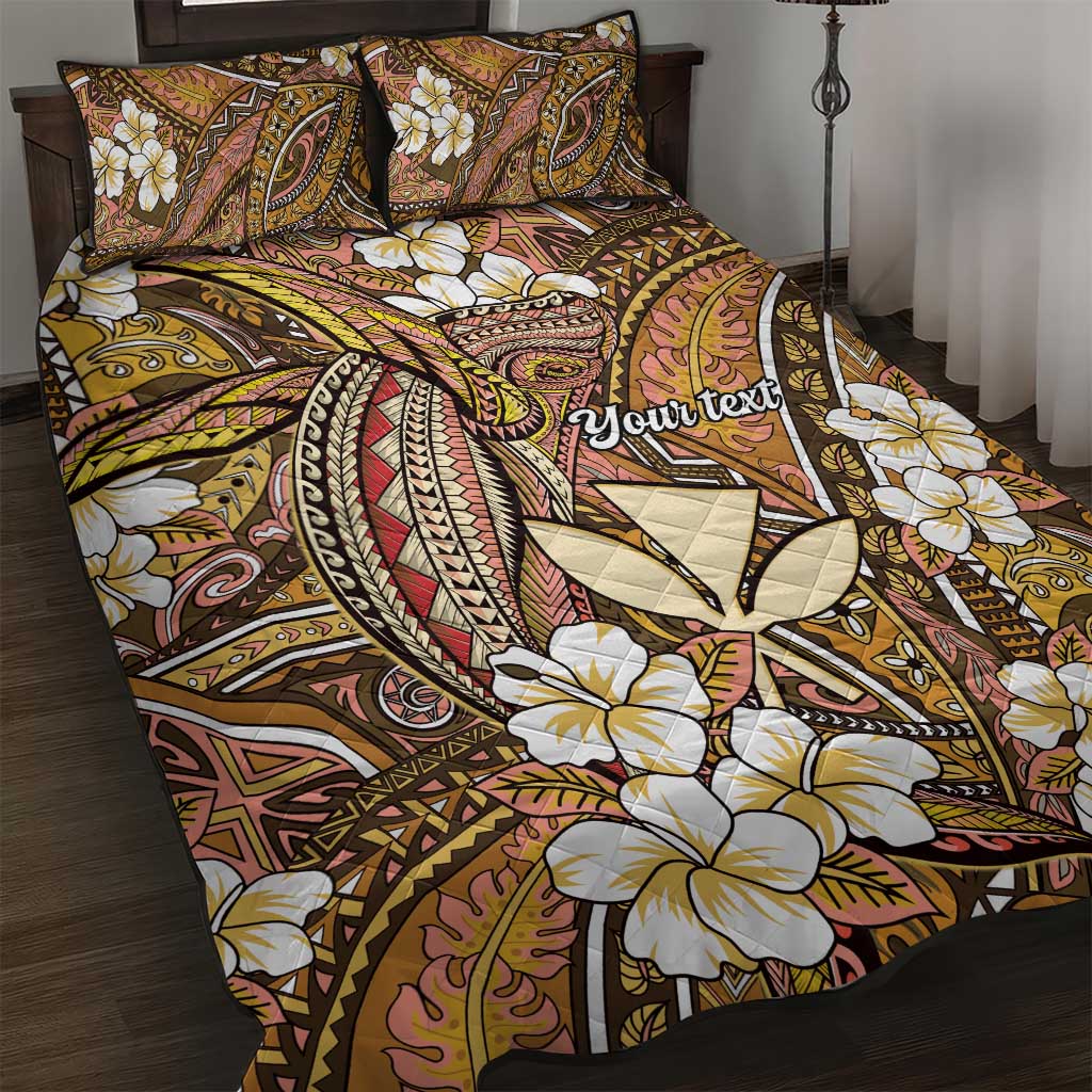 Personalised Hawaii Tribal Humpback Whale Quilt Bed Set Melemele Hibiscus Seamless Pattern LT9 Gold - Polynesian Pride