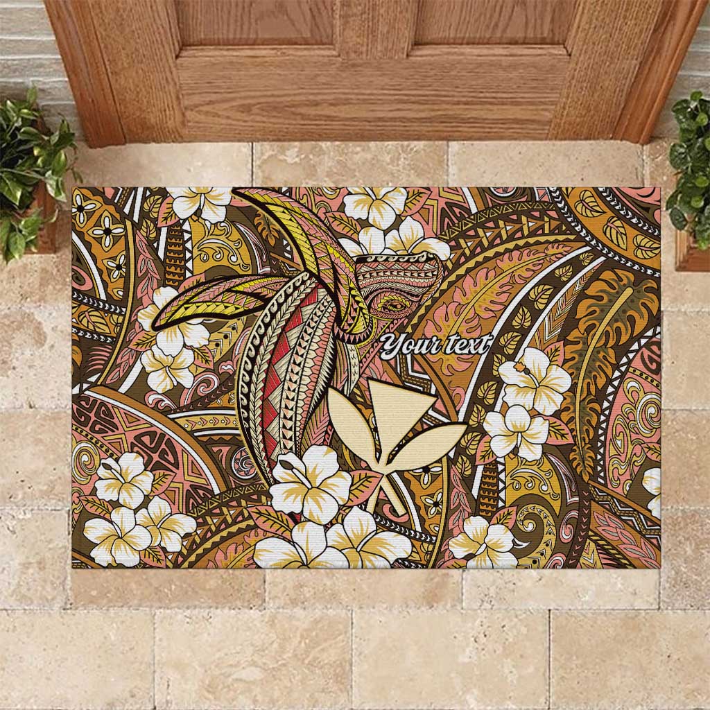 Personalised Hawaii Tribal Humpback Whale Rubber Doormat Melemele Hibiscus Seamless Pattern LT9 Gold - Polynesian Pride