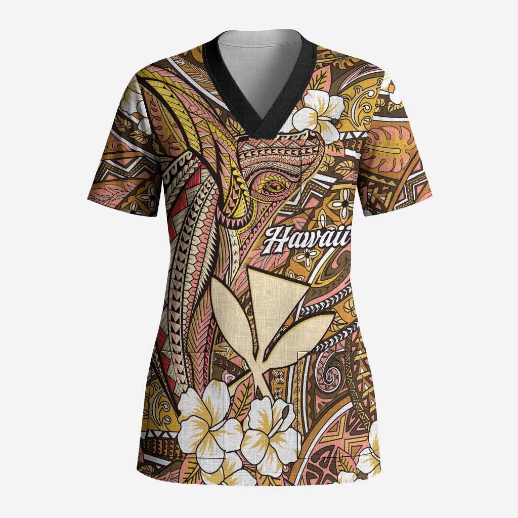 Personalised Hawaii Tribal Humpback Whale Scrub Top Melemele Hibiscus Seamless Pattern LT9 Adult Gold - Polynesian Pride