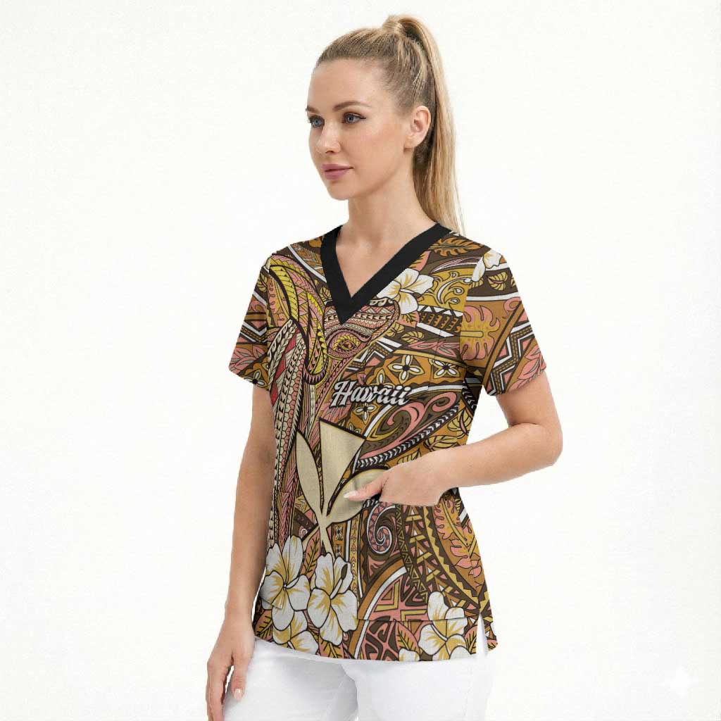 Personalised Hawaii Tribal Humpback Whale Scrub Top Melemele Hibiscus Seamless Pattern LT9 - Polynesian Pride