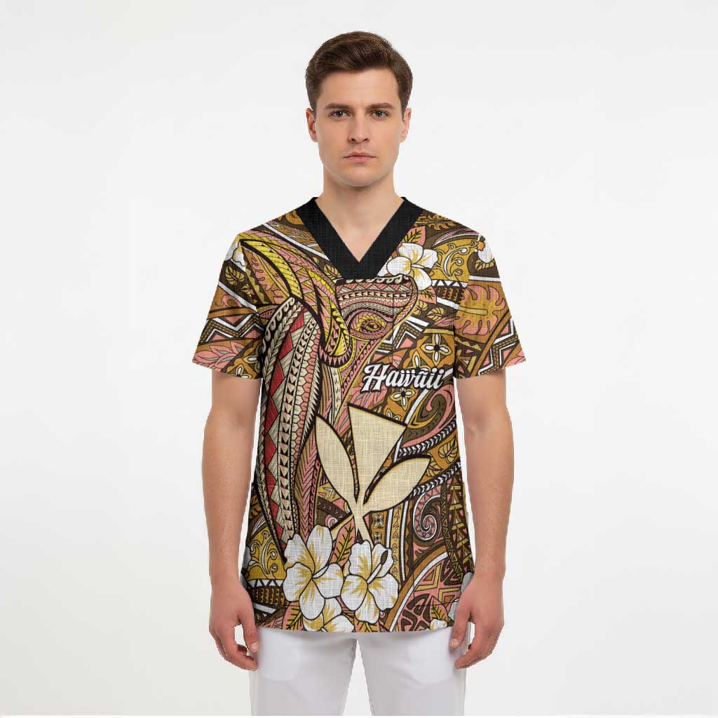Personalised Hawaii Tribal Humpback Whale Scrub Top Melemele Hibiscus Seamless Pattern LT9 - Polynesian Pride