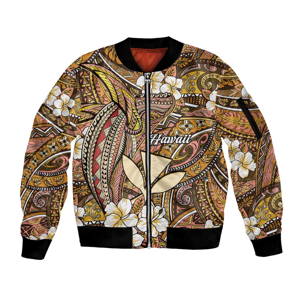 Personalised Hawaii Tribal Humpback Whale Sleeve Zip Bomber Jacket Melemele Hibiscus Seamless Pattern LT9 Unisex Gold - Polynesian Pride