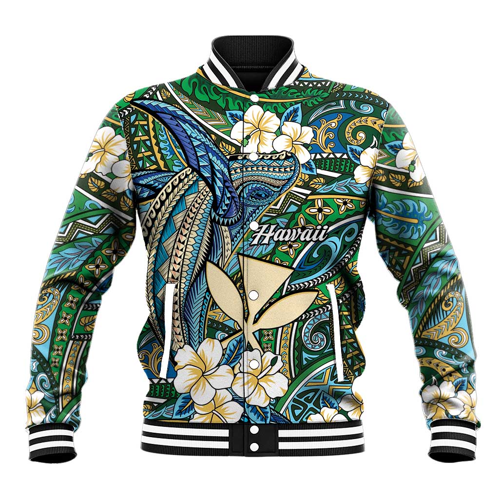 Personalised Hawaii Tribal Humpback Whale Baseball Jacket Omaomao Hibiscus Seamless Pattern LT9 Unisex Green - Polynesian Pride