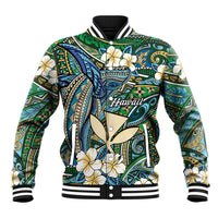 Personalised Hawaii Tribal Humpback Whale Baseball Jacket Omaomao Hibiscus Seamless Pattern LT9 Unisex Green - Polynesian Pride