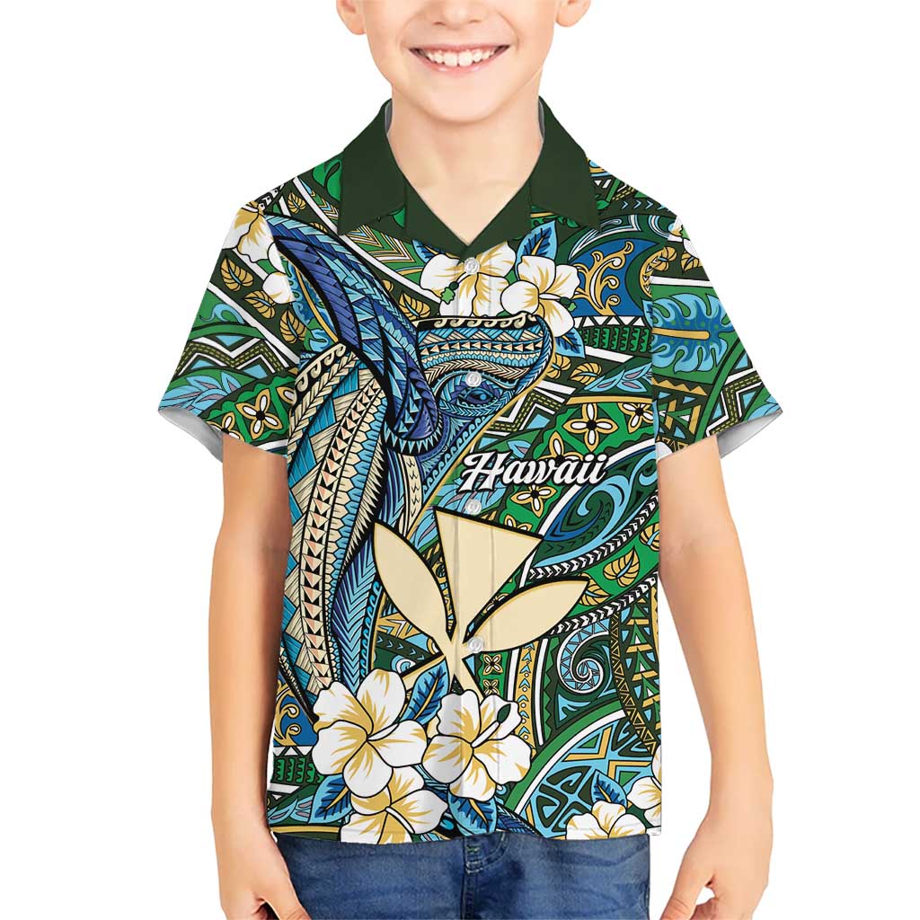 Personalised Hawaii Tribal Humpback Whale Kid Hawaiian Shirt Omaomao Hibiscus Seamless Pattern LT9 Kid Green - Polynesian Pride