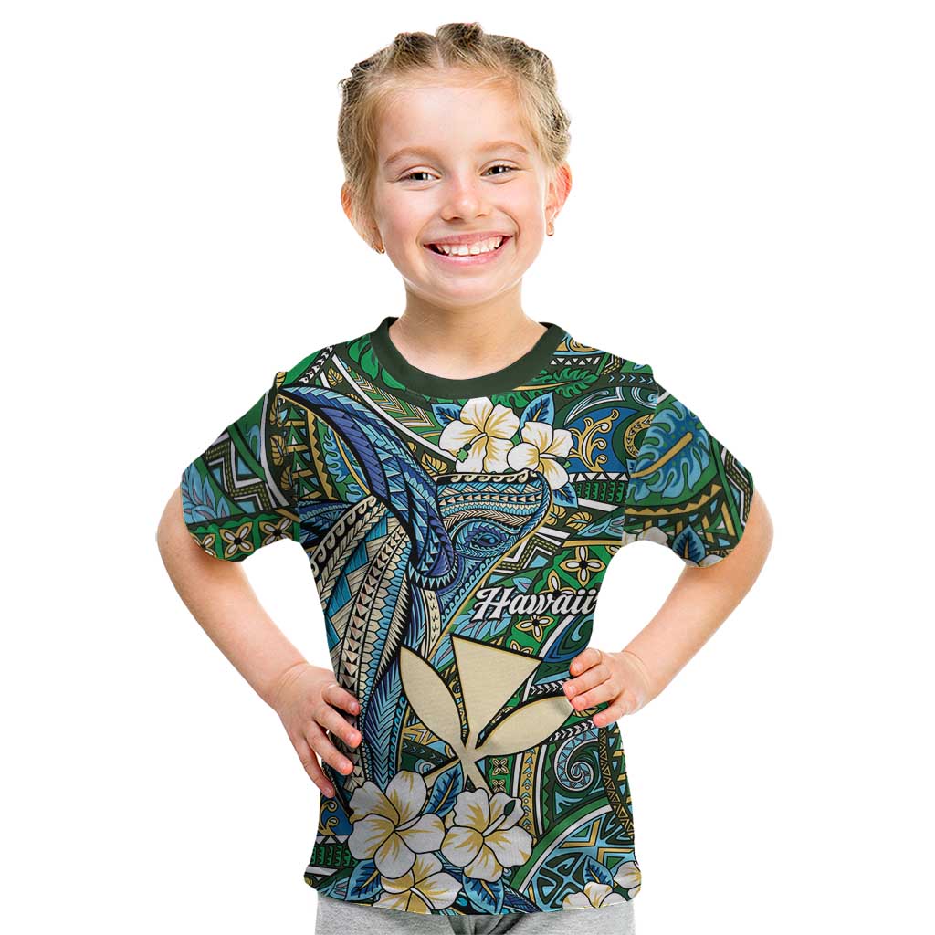 Personalised Hawaii Tribal Humpback Whale Kid T Shirt Omaomao Hibiscus Seamless Pattern LT9 Green - Polynesian Pride