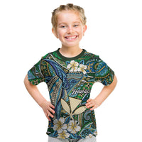 Personalised Hawaii Tribal Humpback Whale Kid T Shirt Omaomao Hibiscus Seamless Pattern LT9 Green - Polynesian Pride