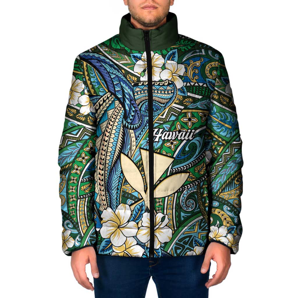 Personalised Hawaii Tribal Humpback Whale Padded Jacket Omaomao Hibiscus Seamless Pattern LT9 Men Green - Polynesian Pride