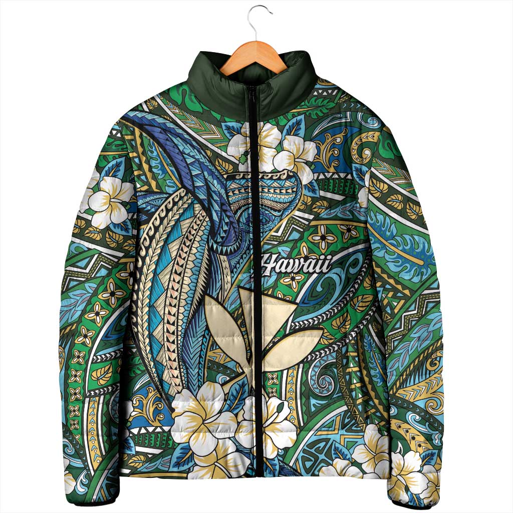Personalised Hawaii Tribal Humpback Whale Padded Jacket Omaomao Hibiscus Seamless Pattern LT9 - Polynesian Pride
