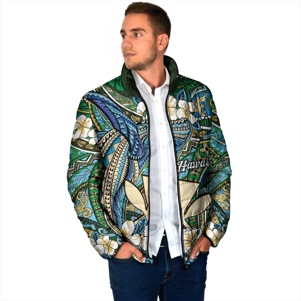 Personalised Hawaii Tribal Humpback Whale Padded Jacket Omaomao Hibiscus Seamless Pattern LT9 - Polynesian Pride